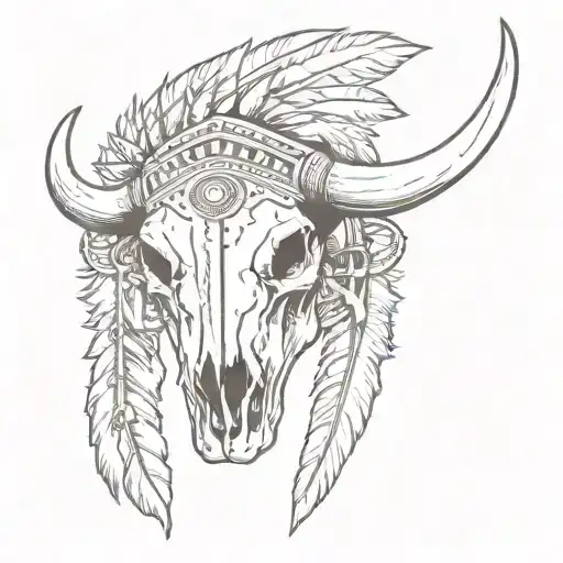 A Buffalo Skull Adorned With Traditional American Indian Feathers And Symbols
