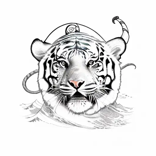 A Sketch Of A Sailor Navigating The Ocean With A Tiger As His First Mate