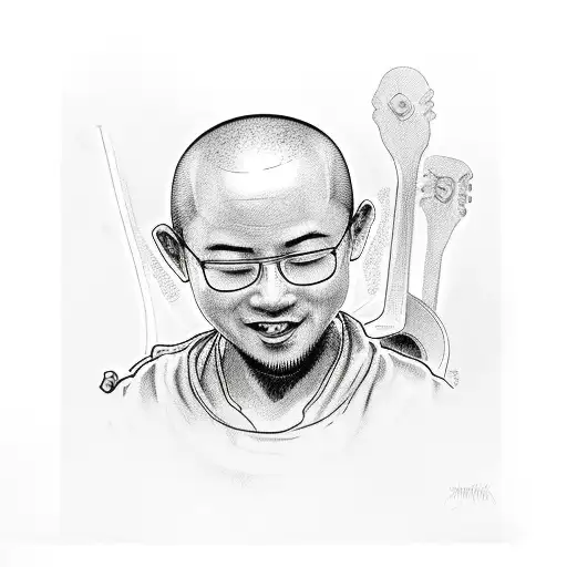 Young Bald Happy Funky Monk Playing The Guitar Sitting On A Chair