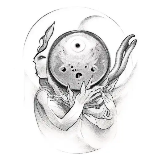 A Whimsical Tattoo Of A Mother Figure Reaching Out To Touch A God-like Alien Creature