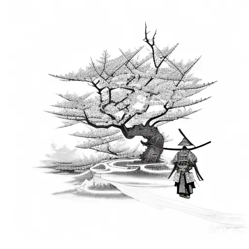 Japanese Samurai With Temple And Cherry Blossom Tree