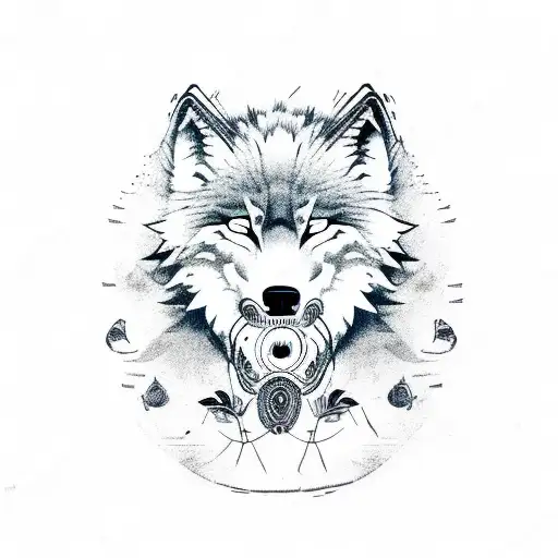 Sideview Fuzzy Wolf Tribal Head With A Forest And Crows