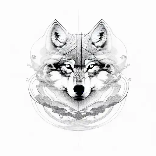 Horizontal Lines And Circles With A Wolf Covered In Smoke