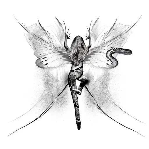 Combine A Dancer's Pose With A Snake And Butterfly Wings For A Unique Tattoo Design