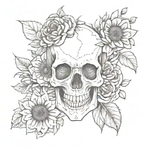 Skull Roses Sunflowers Fine Line
