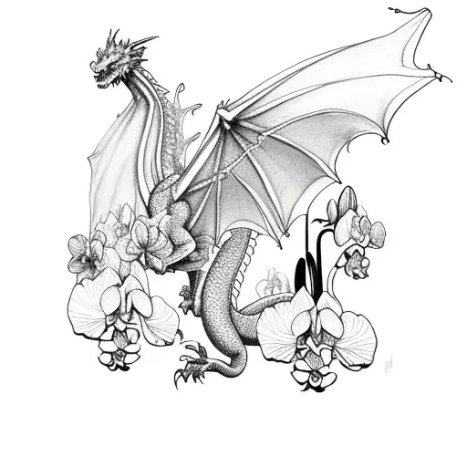 Dragon With Orchids Flowers Tattoo