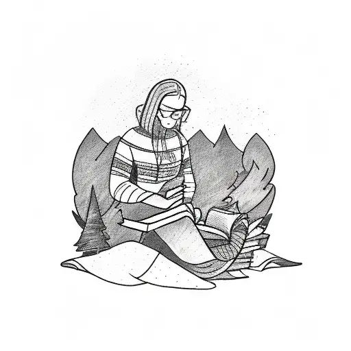 A Sketch Style Tattoo Of A Person Reading A Book By A Campfire In The Mountains