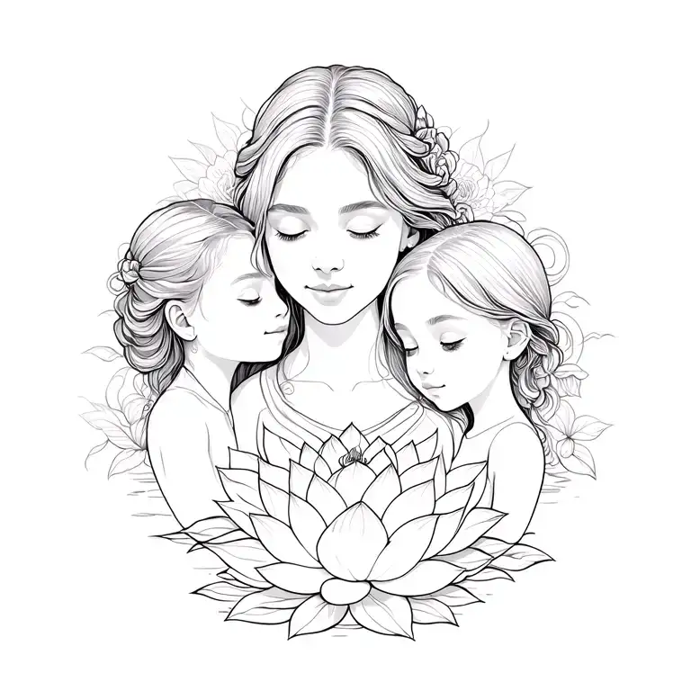 Mother With 2 Children And 1 Daughter With Lotus Flowers