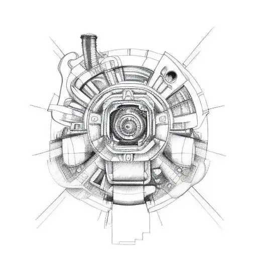 A Sketch Style Tattoo Featuring A Detailed Drawing Of A Car Engine With Geometric Shapes