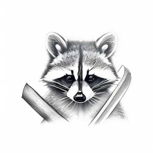2 Realistic Matching Raccoon Tattoo One Holding An Axe And The Other Holding A Fish
