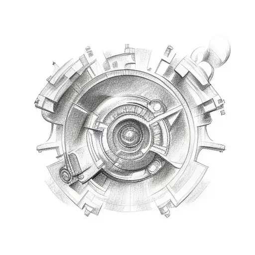 A Sketch Style Tattoo Featuring A Detailed Drawing Of A Car Engine With Geometric Shapes