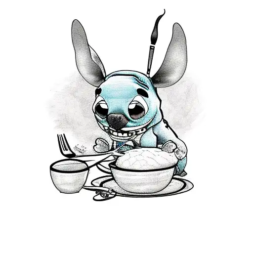 A Tattoo Design Of Stitch Enjoying A Meal With Musical Instruments In The Background