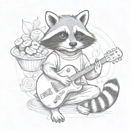 An Anime-style Raccoon Playing A Guitar With Sushi Rolls As Musical Notes