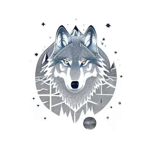 A Wolf Figure Filled With Mountain And Forest Inside And Stars In The Sky