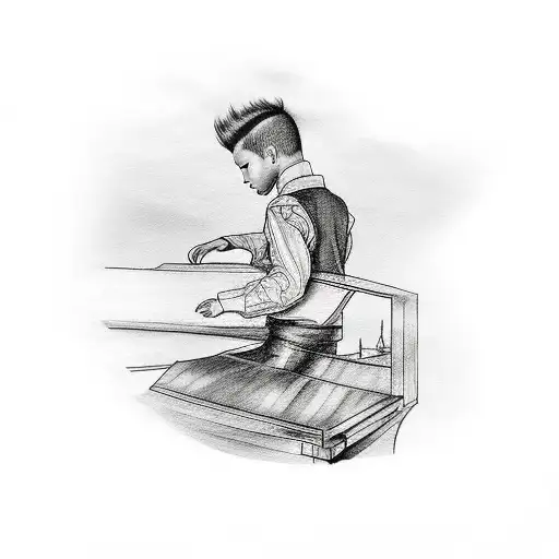 Black Tattoo Of A Boy Playing A Grand Piano With A Sheet Music Background