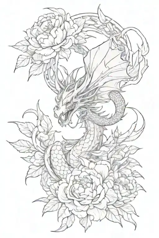Anime Dragon Flying Upside Down Surrounded By Peonies