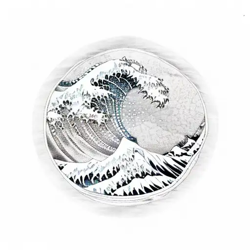 Japanese Wave Tattoo In A Circle Shape With The Waves Crashing Into Each Other