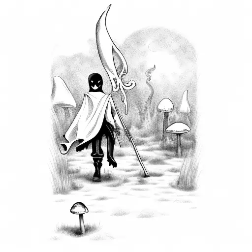 Full Body Grim Reaper With Scythe Walking Through Field Of Mushrooms
