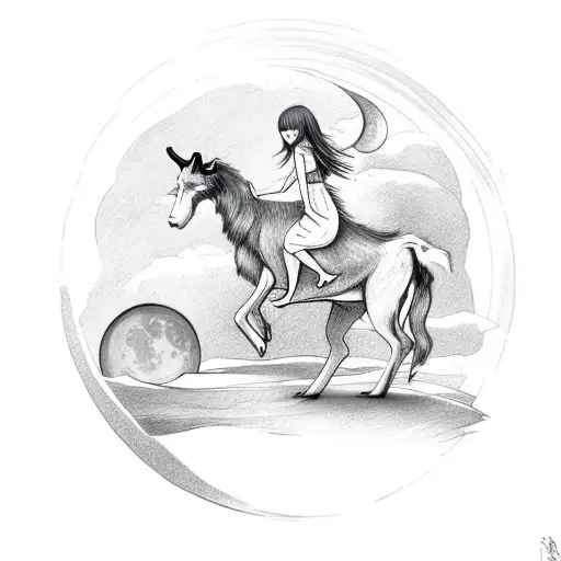 Girl Riding A Goat With A Moon