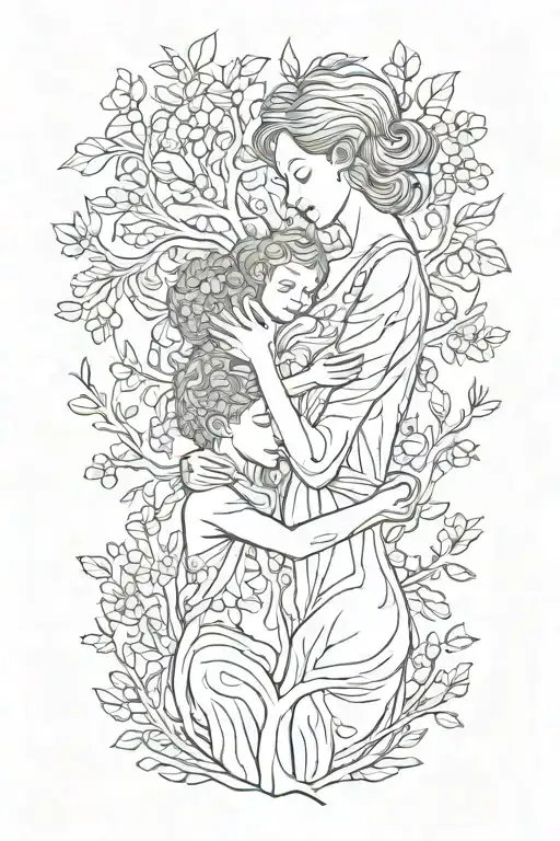 Mother Embracing Boy And Girl Tree Growing