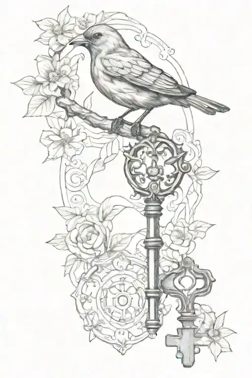 Antique Key With Bird Perched