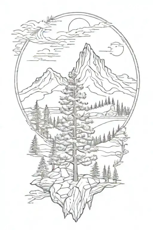 Pine Tree Surrounded My Mountain Scene Featuring Elements