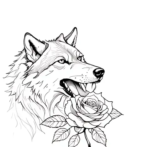 A Wolf Biting A Rose