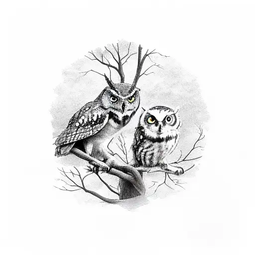 Owl And Sparrow In A Tree