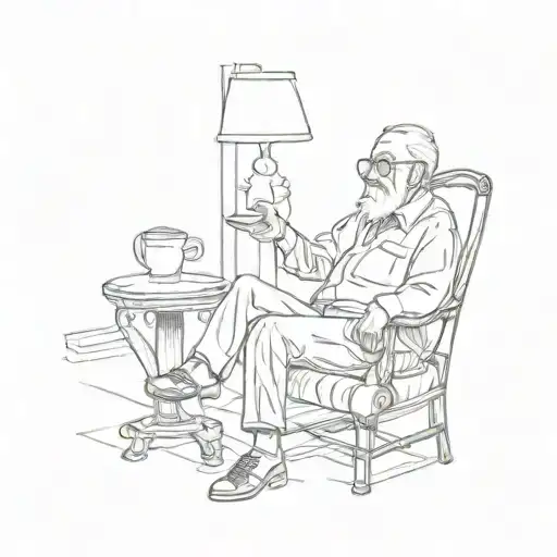 Old Man Sitting On A Chair Spitting Out A Cup Of Coffee With His Legs Stretched