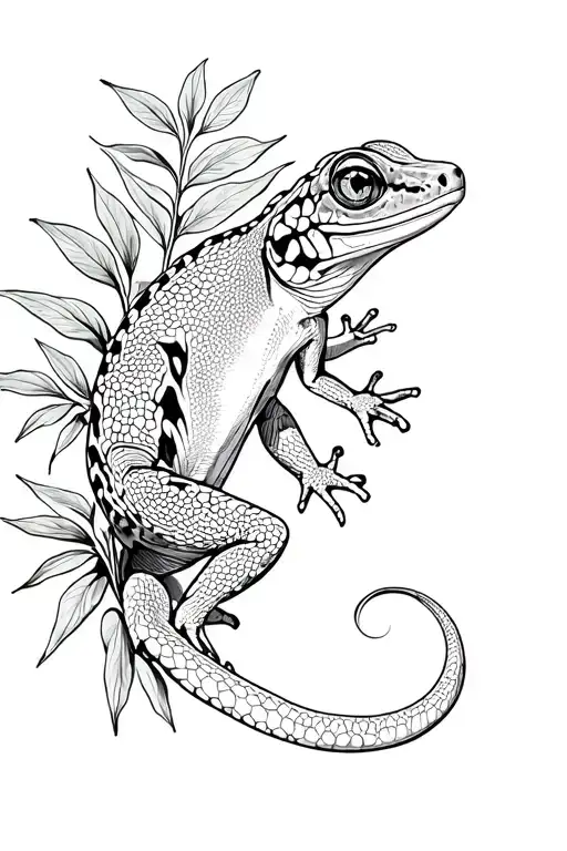 A Sketch Style Tattoo Of A Gecko Blending Into A Leafy Background