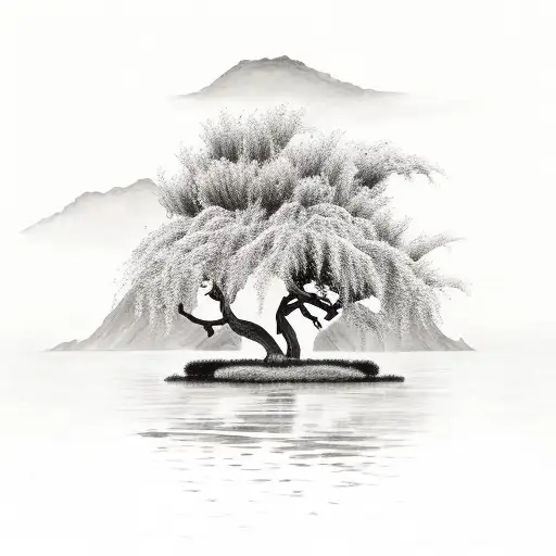 Willow Tree On A Small Island Surrounded By Water