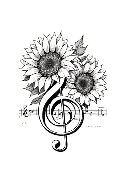 Treble Cleff With Sheet Music Wrapping Around Sunflowers And A Compass