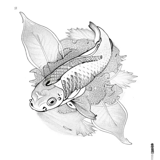 A Single Koi Fish With Leaves And Lotus Flowers Around