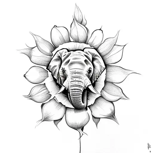 Elephant Face Soundounder And Over Lapped With Sun Flower Roses And Tulips
