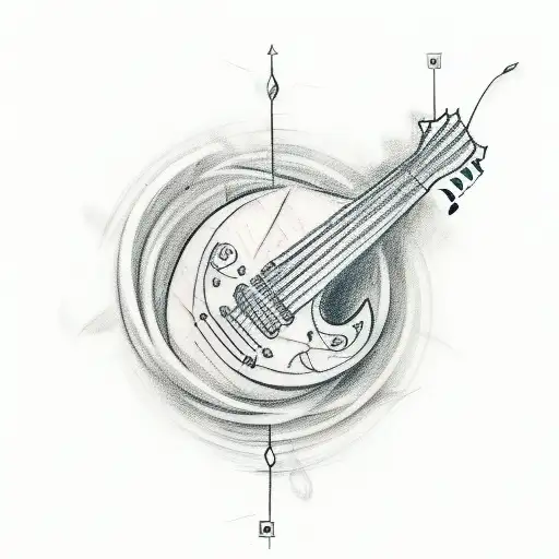 A Sketch Style Tattoo Of A Guitar And A Tattoo Machine Creating Music Notes As They Collide