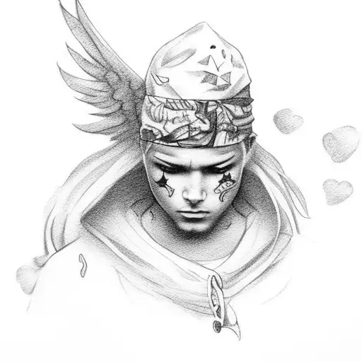 Baby Angel With Face Tattoos Wearing Red Bandana Holding A Gun