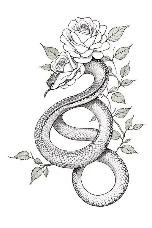 A Snake Intertwined With Roses Blooming