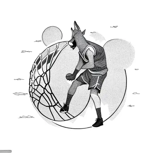 A Basketball Court With A Wolf Standing Guard At The Hoop