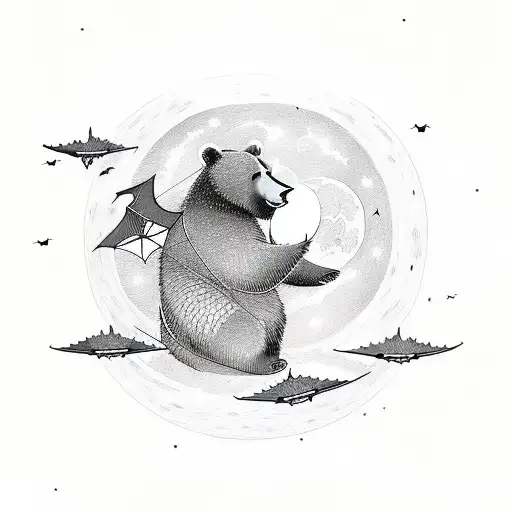 Bear Looking At Moon With Bats Flying By