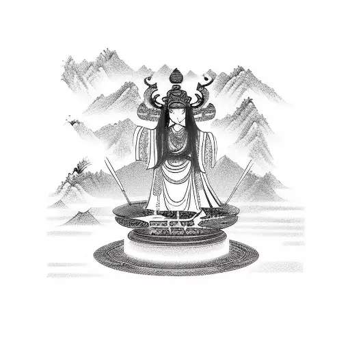 Chinese Goddess Of Oblivion Serving Soup Of Oblivion Near Bridge Of Oblivion