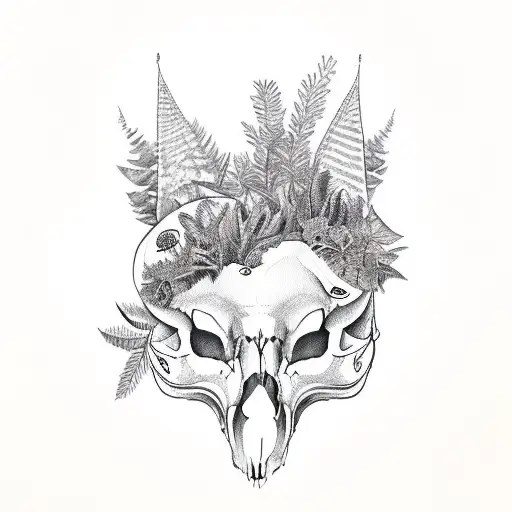 Cat Skull And Bird Skull With Foliage