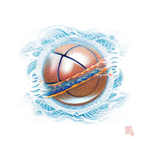An Intricate Music Note Made Of Water Waves And Fire Flames With A Basketball In The Center