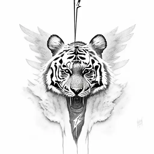 Fallen Angel With Tiger With A Lightning Background