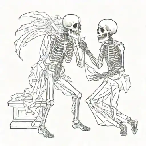 Kissing Skeleton Of The Bride And Groom In The Bride's Dress And The Groom's Pants