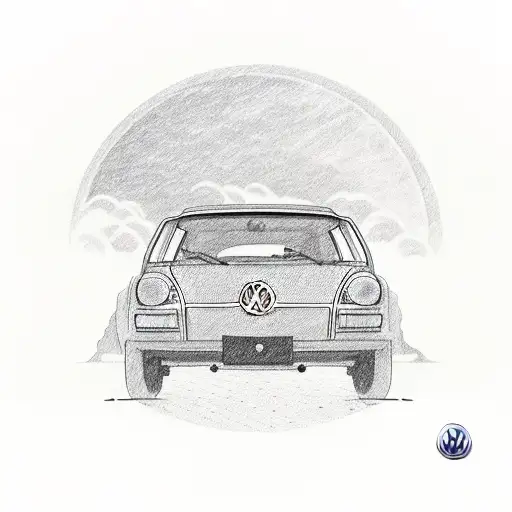 A Volkswagen Golf Driving Into A Vibrant Sunset Over A Calm Lake