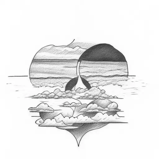 A Sketch-style Tattoo Of A Peaceful Beach Sunset With A Subtle Image Of Jesus In The Clouds