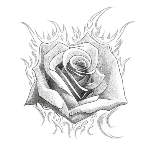 Rose Tattoo With Flame In Background In Red Colors For Tattoo Artist