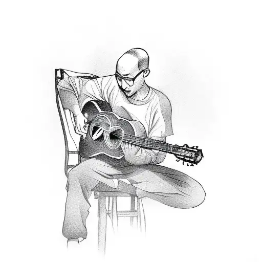 Young Bald Happy Monk Playing The Guitar Sitting On A Chair