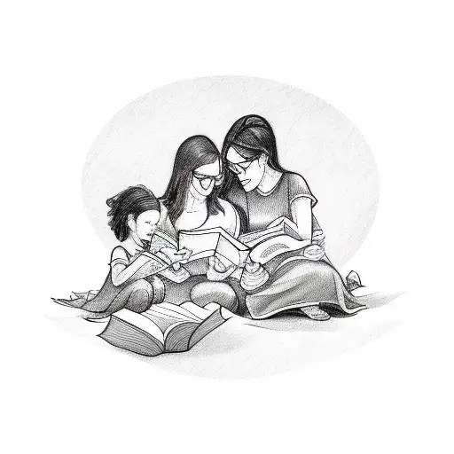 A Sketch-style Tattoo Of A Mother Reading A Bedtime Story To Her Children