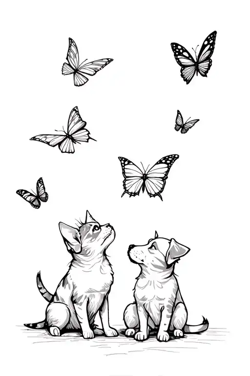 Cat And Dog Looking Up At Butterflies Flying